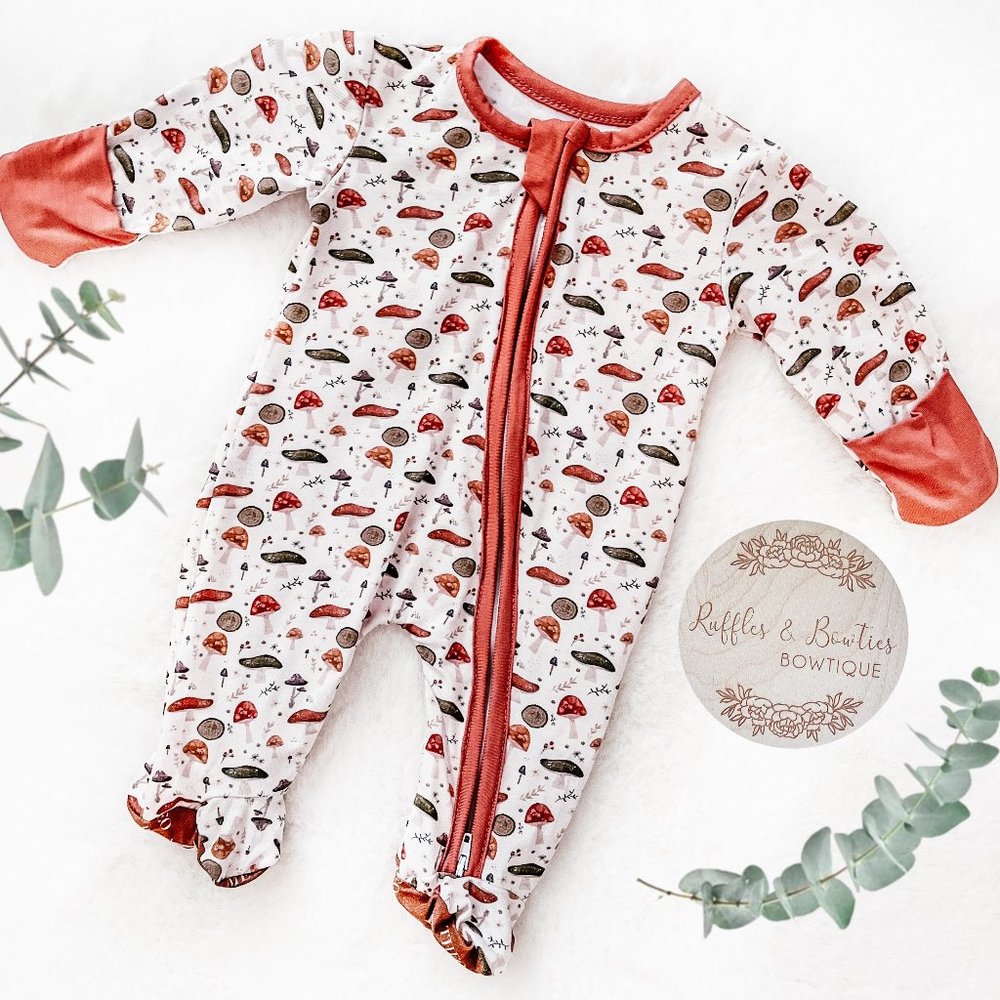 Unisex Mushroom Boho Bamboo Sleepers/Rompers | 2 Way Zipper | Convertable Hands